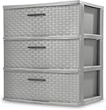3 Drawer Wide Plastic Weave Tower with Pull Handles,Decorative Storage Drawers for Bedroom, Closet, Office, Cement, 1-Pack