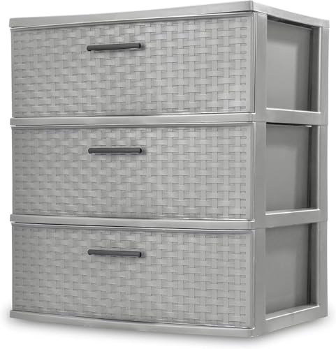 Image of 3 Drawer Wide Plastic Weave Tower with Pull Handles,Decorative Storage Drawers for Bedroom, Closet, Office, Cement, 1-Pack