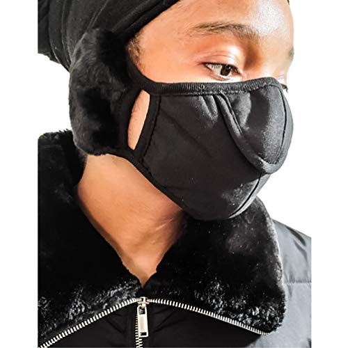 Naturally Daizy Unisex Warm Plush Face Cover with Adjustable Earmuffs Ear loop, Reusable Soft Lightweight Windproof Winter Full Ear Cover for Outdoor Activities (Black)