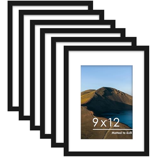 Image of PEALSN 9x12 Picture Frame Set of 6, Display Pictures 6x8 with Mat or 9x12 without Mat for Wall Mounting or Table Top Display, Photo Frames Collage for Wall Decor, Black