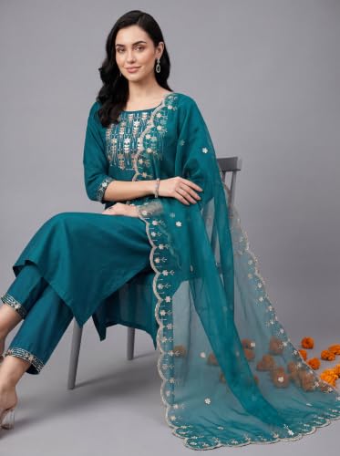 Image of INDO ERA Women's Silk Embroidered Straight Kurta With Pant & Dupatta Set