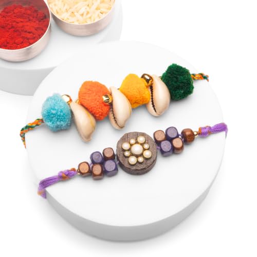 Image of Phool Dastkaar Wood & Kaudi Rakhi Set of 2 for Brother | Handcrafted Designer Combo | Traditional Wooden & Cowrie Shell | Raksha Bandhan Rakhi for Bhai
