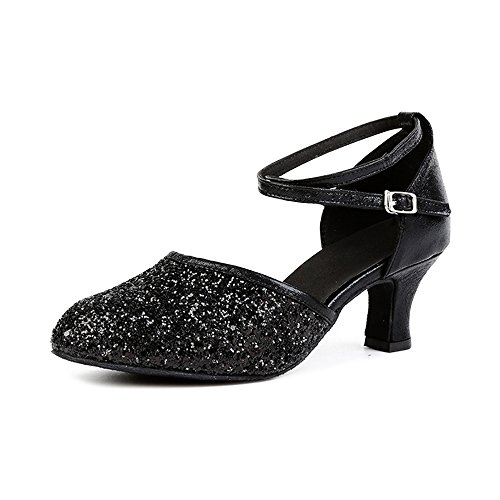 OCHENTA Femme Chaussure de Danse Latine à Talon Hauteur 3.5 CM Sexy Boucle Paillettes Noir + Semelle Velours Asiatique 40/ EU 39