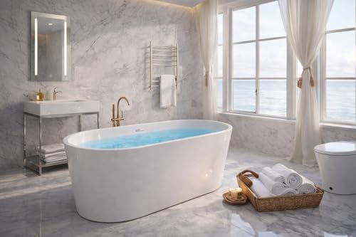 ANZZI Freestanding Bathtub 55 In Acrylic Soaking Tub Flat Bottom One Piece Marine Grade Build Glossy White Center Drain Chrome Overflow 73 Galon 55.12 x 29.53 x 22.83'' In Chand Series | FT-AZ098-55