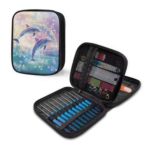 Image of Dolphin Crochet Hook Case Rainbow Knitting Needle Storage with Web Pockets for Holiday Hand Washable Parents Gifts Holiday
