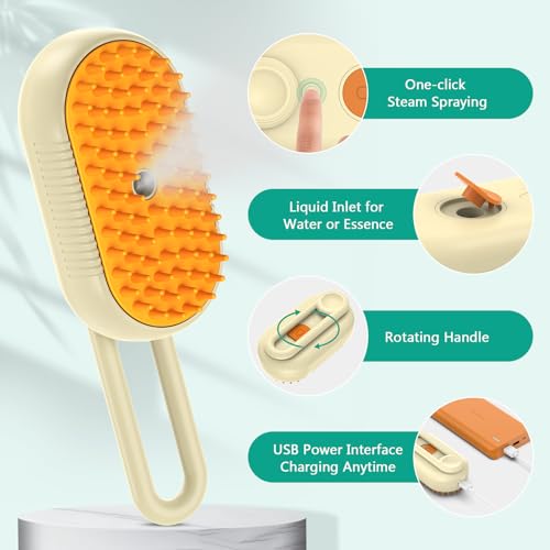 Image of ORIA Cat Steam Brush, 3 in 1 Pet Spray Comb, Self Cleaning Steam Dog Cat Brush, Rechargeable Silicone Grooming Tool with Concealed Handle for Shedding, Hair Removal, Pet Massage