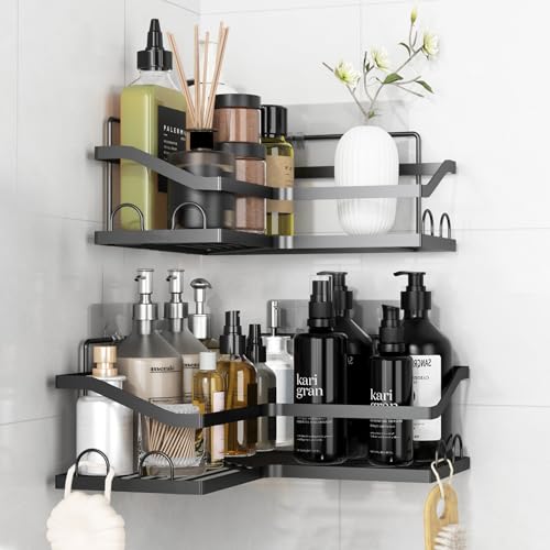 KedioPio Mensola Doccia Senza Foratura, 2 Pezzi Antiruggine Porta Shampoo Doccia Angolare da Appendere, Adesivo Porta Oggetti Doccia Shower Shelf Con 8 Ganci Per Bagno o Cucina, Nero
