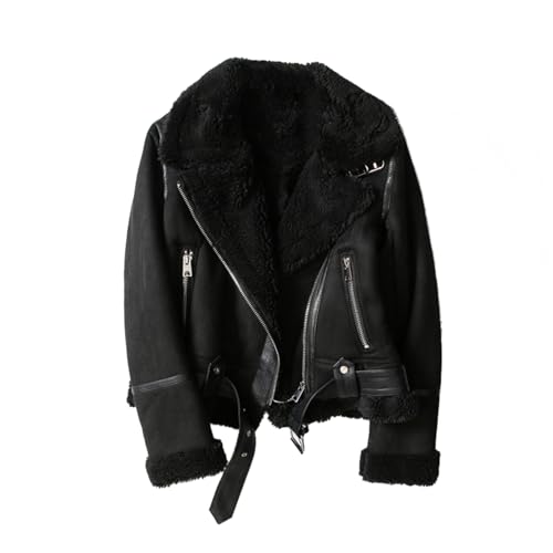 BETAM Chaqueta de mujer de piel sintética corta marrón para el invierno con diseño vintage, forro de piel integrado, cremallera, solapa, mangas largas, chaquetas femeninas de abrigo, Negro , XL corto