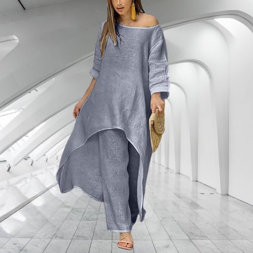 Women Linen Sets for Women Dressy Casual 2 Piece Pantsuits 2024 Crewneck Long Sleeve Wide Leg Pants Fashion Outfits2