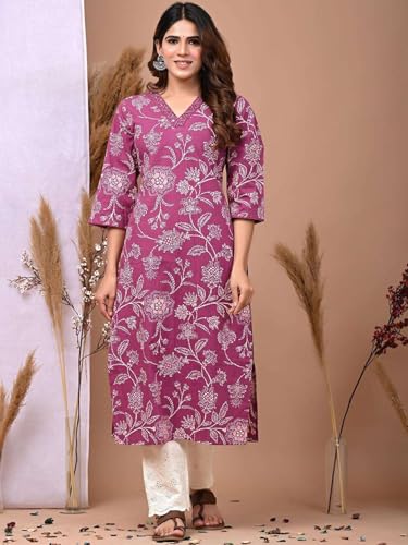 Image of Rimeline Women's Cotton Printed Kurta with Embellished V-Neck Design | Straight Fit Ethnic Wear for Office, Casual & Daily Use