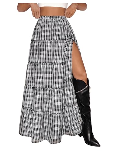 SHENHE Women's Plaid Maxi Skirt High Slit A Line Flowy Tiered Ruffle Y2k Vintage Long Skirt4