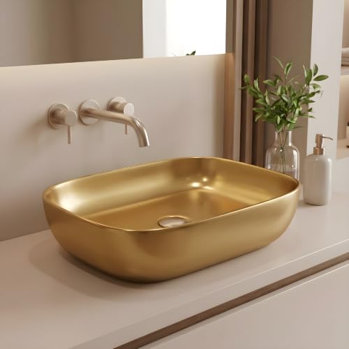 Image of VENICE Bathroom Vanity Sink Countertop Stylish & Durable Ceramic Tabletop Wash Basin Rectangular Vessel Bowl Metallic Golden Glossy Finish