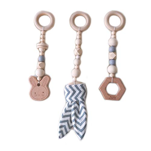 Lunji 3pcs Jouet Anneau de Dentition Bébé Style Scandinave, Hochets a Suspendre Bois pour Portique d'éveil Activités Cadeau Naissance (Gris)