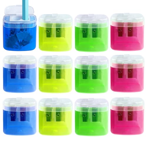 O OLAX Temperino con Serbatoio, 12 Pezzi Doppi Fori Temperino con Contenitore, Temperamatite con Serbatoio con Coperchio, per Diversi Tipi di Matite Studenti Scuola Ufficio Viaggi (4 Colori)