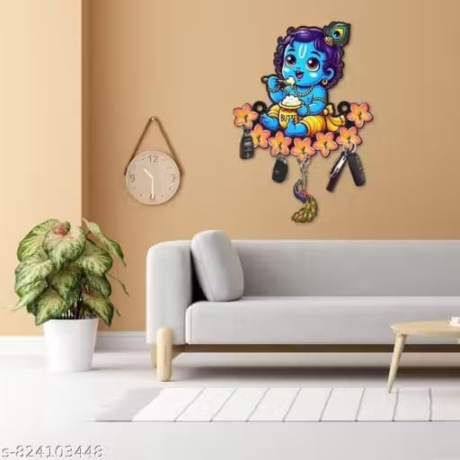 Image of Vintage Collection Wooden Key Holder for Wall, Wall Mounted Key Stand with Hooks, Hanging Rack for Living Room, Office and Door (Kanha Ji Keyholder)