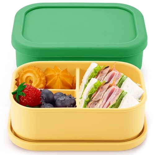 Image of Layhit 2 Pcs Silicone Bento Box for Adults, 27 oz Bento Lunch Container Reusable Food Container for Women Men, Leak Proof Microwave Dishwasher Freezer Safe (3 Compartments,Green,Yellow)