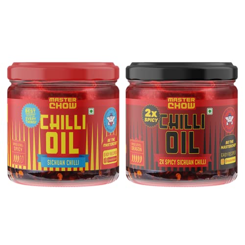 Image of MasterChow Combo Of Mild Chilli Oil Sauce&Double Trouble 2X Spicy Sichuan Chilly Oil Sauce(New Launch)|Made With Sichuan Peppercorns,Crunchy Garlic & Red Chilies|Eat With Momos,Pizza,Noodles (340 Ml)