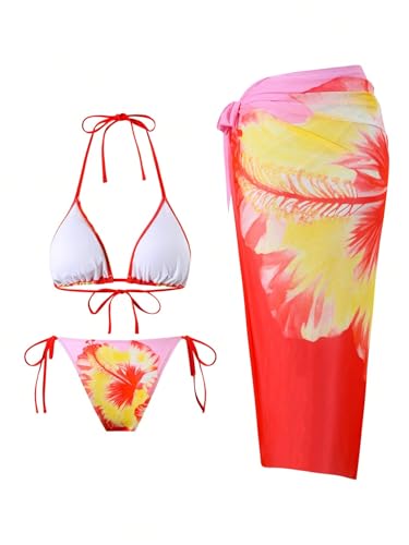 Image of ZAFUL Women's 3 Piece Swimsuit Floral Halter Triangle String Bikini Tie Side Bottom with Boho Cover Up Skirt