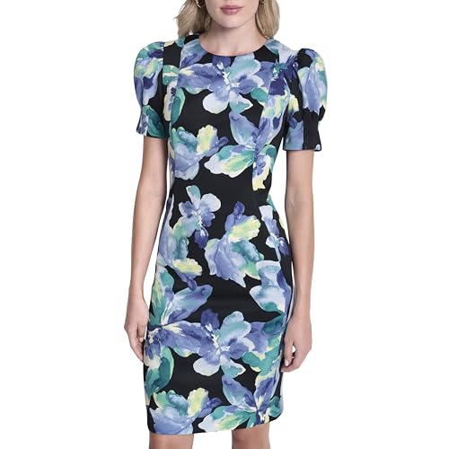 Image of DKNY Women's Short Puff Sleeve Knee Length Sheath Dress with Exposed Back Zipper