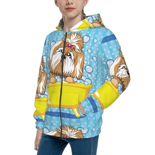 Dog Takes a Bath in the Bathtub Kids Pullover Hoodies Boys Zip Up Sweatshirts Girls Athletic Clothes with Pocket