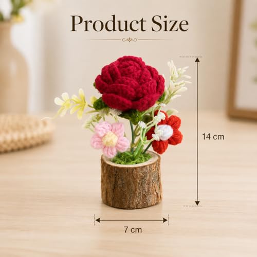 Image of Handmade Crochet Flower with Real Wood Base, 12 cm Pink Red & Green Artificial Knitted Rose Bouquet for Home Office Table Shelf Desk Decor, Bedroom Living Room Gift Decoration