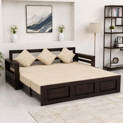 Image of SONA ART & CRAFTS Regal Sheesham Wood 3 Seater Sofa Cum Bed Without Bedside | Wooden 3 Seater Sofa for Living Room Wooden Furniture Sofa Bed for Home (Walnut Finish)