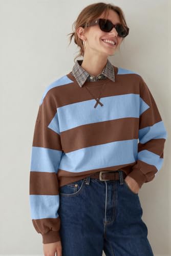 Image of UEU Women Oversized Striped Crewneck Sweatshirt Long Sleeve Color Block Pullover Tops Casual Loose Workout Shirt