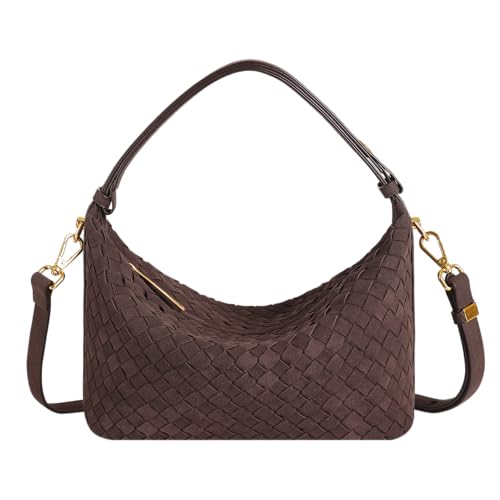 Suede Leather Handbag for Women, Leather Woven Bag, Small Clutch Bag Suede Handbag, Underarm Purse Top-Handle Handbag (Coffee-with strap)