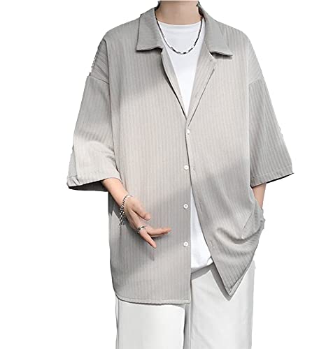 [foveitaa] シャツ メンズ 夏服 メンズ 半袖 ワイシャツ 無地 大きいサイズ ワイシャツ オシャレ ポロネック 快適な軽い オーバーサイズシャツ 韓国 ポロネック 吸汗速乾 柔らかい お洒落 light gray-L