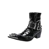  Wuf Herren Cowboystiefel Stiefeletten Biker Leder Stiefel Punk Nieten Metall Westernstiefel (Schwarz, Numeric_46)
