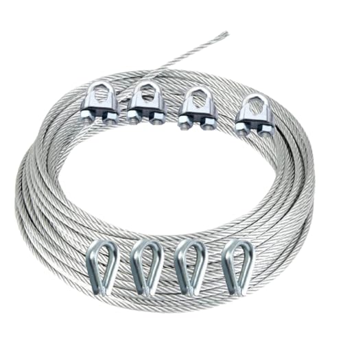 Image of Stainless Steel Cable Wire Rope for Hoisting, (20 Mtrs Length with 4 Uclamp 4 Thimble, 3 MM Diameter)