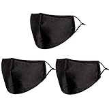 Black Silk Face Mask Washable Reusable Satin Cloth Fabric for Women Adult Cute Fashionable Comfortable Breathable With Nose Wire Adjustable Mouth Covering Mascarillas 3 Ply 100% Mulberry 3 Pack