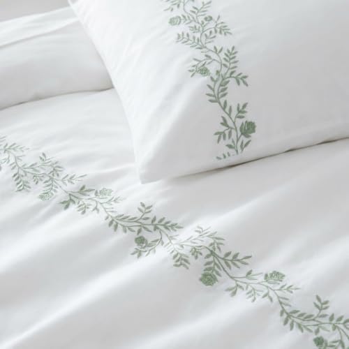 Image of Martha Stewart - Twin Comforter Set, Soft Cotton Front with a Smooth Cotton Percale Reverse, 2 Piece Bed Set with Matching Pillowcase (Garden Path Embroidery Green)