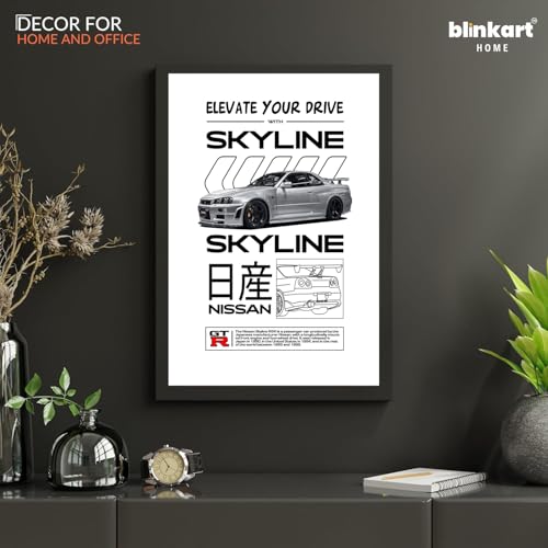 Image of BLINKART Nissan Skyline GT-R (R34) CarFramed Posters Gift Items Boys Room Wall Decoration Bedroom Office Studio Synthetic Wood Frame & Acrylic Glass Ready to Hang - 12x8 Inch, (A4 Size) - CAR-171
