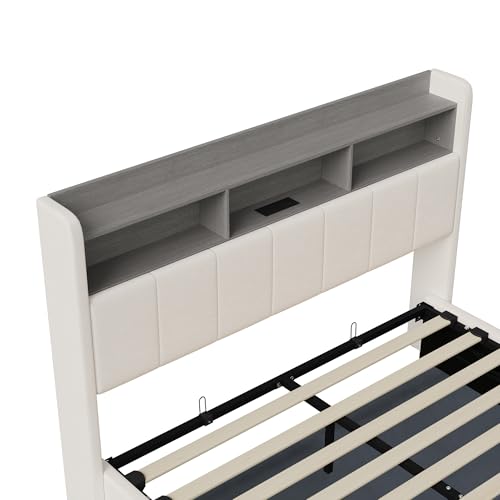 QMTXBYJ Polsterbett Doppelbett 140x200 cm, Hydraulisches Bett 140x200 mit Bettkasten und Lattenrost, Staufach-Kopfteil mit LED und USB Ladestation, Stauraumbett Funktionsbett aus Massivholz und Samt – Bild 6
