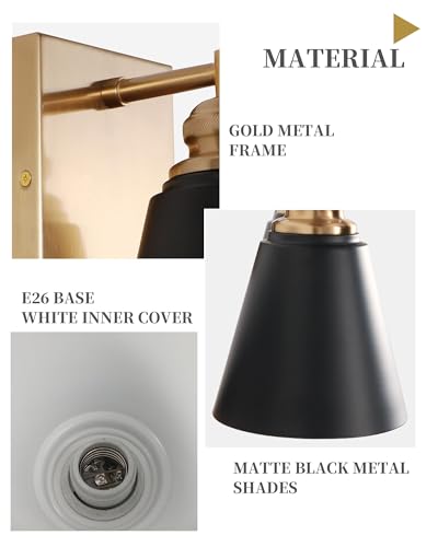Image of 16-Inch 2-Light Black and Gold Farmhouse Bathroom Vanity Light | Metal shades, white interiors, 2 E26 sockets (60W max, no bulbs), dimmable, ETL listed, hardware, for mirror & bedroom