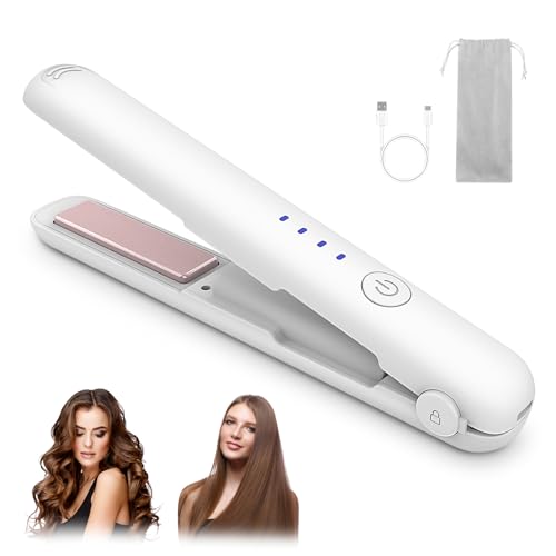 Cordless Hair Straightener Mini Cordless Hair Straightener & Curling Wand 3000mAh Battery USB-C Charging 4 Temperature Settings Adjustable for Short to Long Hair (White)