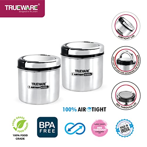 Image of Trueware Stainless Steel Lift up Tea Coffee Container | Set of 2 |Sugar Coffee Container| Air tight | BPA Free | 100% Stainless Steel | Odour Proof | Kitchen Storage (500 ml)