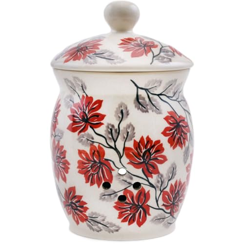 Authentic Polish Pottery Garlic and Onion Jar Signature UNIKAT in Red Bold Blooms Design Handmade in Boles?awiec Poland + Certificate of Authenticity