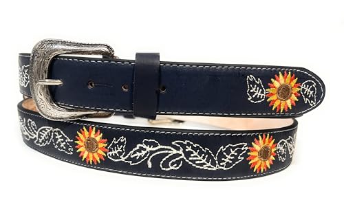 Women's Sunflower Embroidered Western Belt, Cowgirl Rodeo Sunflower Decorated Leather Belt