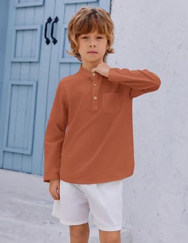 Image of Arshiner Boys Cotton Linen Henley Shirt Button Down Shirt Long Sleeve T Shirt Beach Shirt Tee Casual Solid Tops