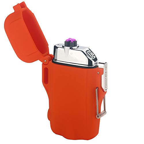 REM FACIO Waterproof Lighter, Dual Arc Electric Lighters USB, Outdoor Windproof Lighter ARC Rechargeable Lighter for Camping,Hiking,Outdoor Adventure,Survival Tactical (Camouflage) (Orange)