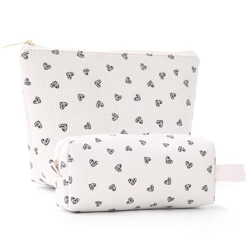 Apxouans Makeup Bag for Women Fashion Heart Shape Cosmetic Bag for Travel Toiletry Bag for Teen Girls Preppy Teacher Gifts Trendy Stuff Off White
