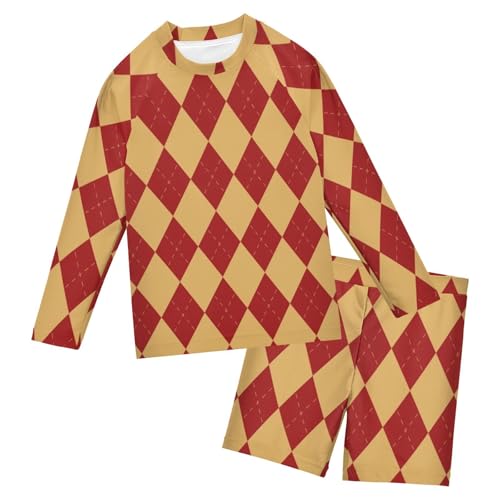 Traje de baño de manga larga para niños de 3 a 10 años con estampado de cuadros rojos