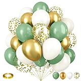 Sage Green and Gold Balloons, 12 Inch Olive Green White Metallic Gold Confetti Latex Balloons Set, Retro Green Gold Balloons for Girls Women Birthday Wedding Jungle Baby Shower Party Decorations