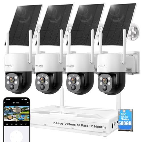 xmartO Solar Camera Outdoor Wireless 4 PCs QHD 4MP PTZ AI Tracking Security Camera System with 4K 10CH Expandable WiFi NVR All-Weather Solar Charge 2-Way Audio PIR Sensor No Monthly Fee 500GB