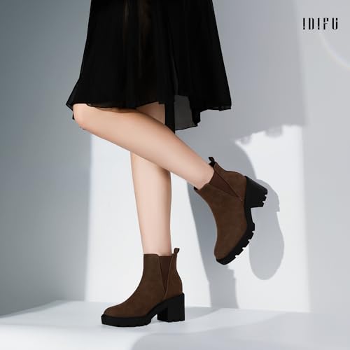 IDIFU IN3 Chelsea Ankle Boots Womens Boots Low Short Block Chunky Thick Heel Fall Boots Ladies Bride Wedding Slip On Closed Round Toe Booties Comfort Cute Trendy Stylish V Shaped Opening Dressy Boots3