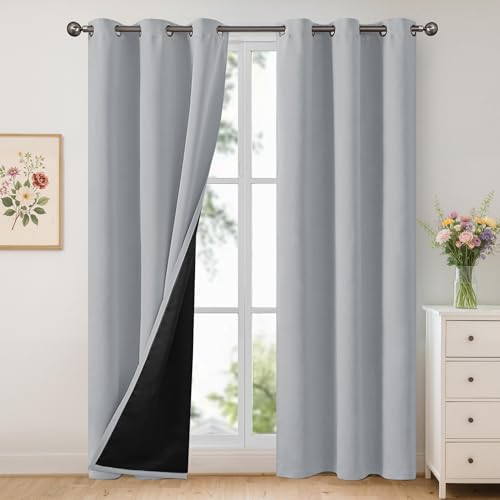 Image of YoungsTex Thermal Insulated 100% Blackout Curtains 84 Inch Length for Living Room, Double Layer Grommet Black Out Drapes for Bedroom Darkening Privacy Heat Blocking, Light Grey, 2 Panels, 42 X 84 Inch