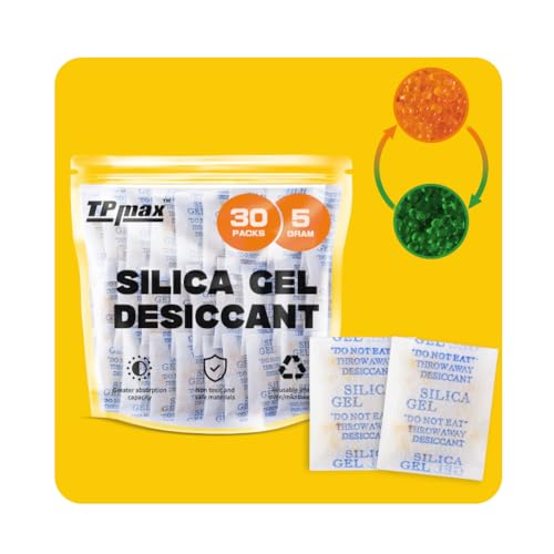 5g x 30 Packs Silica Gel Desiccant Sachets Reusable Dehumidifiers with Color Indicator Ideal for Storage Closets and Basements