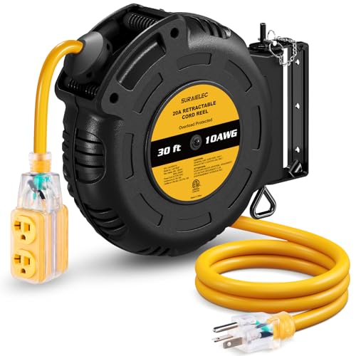 SURAIELEC Retractable Extension Cord Reel 30FT 10AWG/3C SJTOW Heavy Duty Power Cord 20 Amp Circuit Breaker 4 Lighted Grounded Outlets Wall/Ceiling Mount ETL Listed